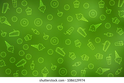 Light Green vector background with tasty sweets. Blurred decorative design of desserts in doodle style. Pattern for menu of cafes and restaurants.