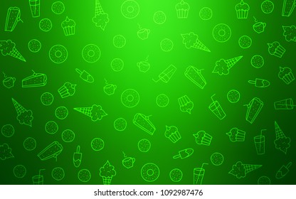 Light Green vector background with tasty sweets. Illustration with set of sweet food in doodle style. Pattern for ad, booklets, leaflets of restaurants.