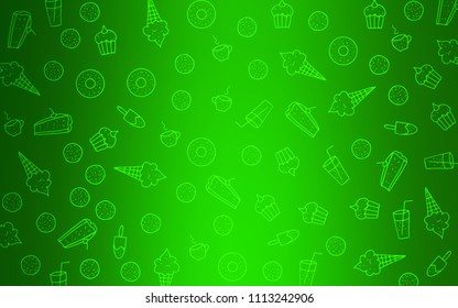 Light Green vector background with tasty sweets. Decorative shining illustration with sweets on abstract template. Design for ad, poster, banner of cafes or restaurants.