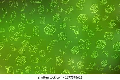 Light Green vector background with tasty food. Illustration with set of fresh food in doodle style. Template for meal cooking in kitchen.