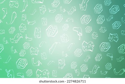 El fondo vectorial verde claro con la comida sabrosa. Decoración borrosa de los aperitivos en forma de doodle. Diseño de anuncios, afiches, pancartas de cafés o restaurantes.
