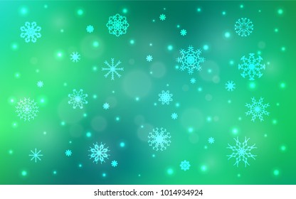 Light Green vector background with xmas snowflakes. Decorative shining illustration with snow on abstract template. New year design for your ad, poster, banner.