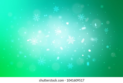 Light Green vector background with xmas snowflakes. Snow on blurred abstract background with gradient. New year design for your ad, poster, banner.