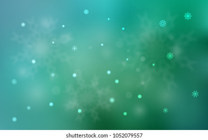 Light Green vector background with xmas snowflakes. Shining colored illustration with snow in christmas style. The pattern can be used for new year leaflets.