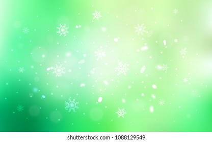 Light Green vector background with xmas snowflakes. Decorative shining illustration with snow on abstract template. The pattern can be used for new year leaflets.