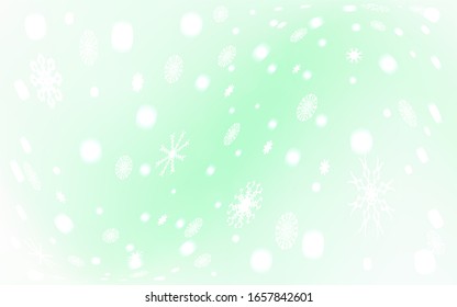 Fondo vectorial de color verde claro con copos de nieve de Navidad. Ilustración abstracta brillante con cristales de hielo. El patrón se puede utilizar para año nuevos sitios web.