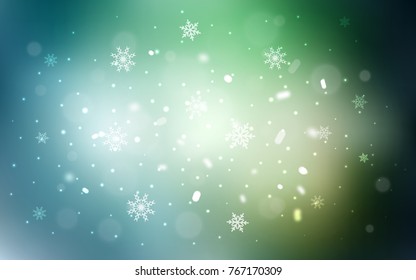 Light Green vector background with xmas snowflakes. Decorative shining illustration with snow on abstract template. The pattern can be used for new year ad, booklets.