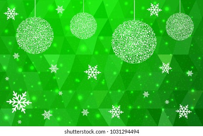 Light Green vector christmas polygon background. Low poly Illustration consisting of triangles with snowflakes. Texture, seamless background of New Year celebration.