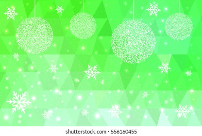 Light Green vector christmas polygon background. Low poly Illustration consisting of triangles with snowflakes. Texture, seamless background of New Year celebration.