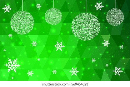 Light green vector christmas polygon background. Low poly Illustration consisting of triangles with snowflakes. Texture, seamless background of New Year celebration.