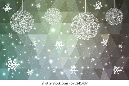 Light Green vector christmas polygon background. Low poly Illustration consisting of triangles with snowflakes. Texture, seamless background of New Year celebration.