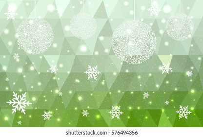 Light green vector christmas polygon background. Low poly Illustration consisting of triangles with snowflakes. Texture background of New Year celebration.