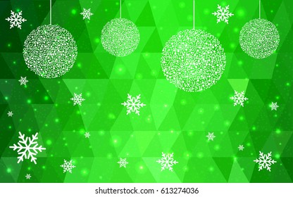Light Green vector christmas polygon background. Low poly Illustration consisting of triangles with snowflakes. Texture, seamless background of New Year celebration.