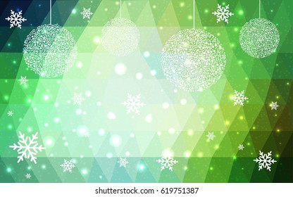 Light green vector christmas polygon background. Low poly Illustration consisting of triangles with snowflakes. Texture background of New Year celebration.