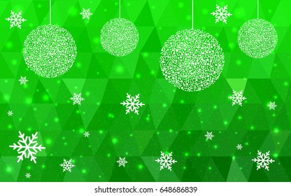 Light Green vector christmas polygon background. Low poly Illustration consisting of triangles with snowflakes. Texture, seamless background of New Year celebration.