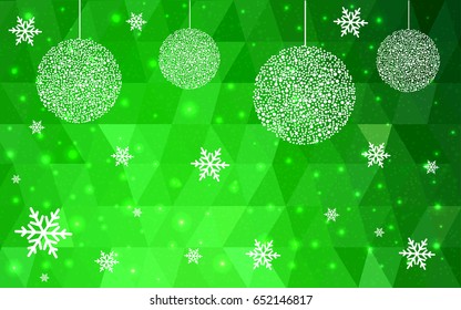 Light Green vector christmas polygon background. Low poly Illustration consisting of triangles with snowflakes. Texture, seamless background of New Year celebration.