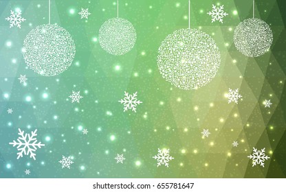 Light Green vector christmas polygon background. Low poly Illustration consisting of triangles with snowflakes. Texture, seamless background of New Year celebration.