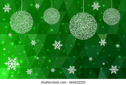 Light Green vector christmas polygon background. Low poly Illustration consisting of triangles with snowflakes. Texture, seamless background of New Year celebration.