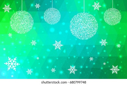 Light Green vector christmas polygon background. Low poly Illustration consisting of triangles with snowflakes. Texture, seamless background of New Year celebration.