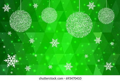Light Green vector christmas polygon background. Low poly Illustration consisting of triangles with snowflakes. Texture, seamless background of New Year celebration.