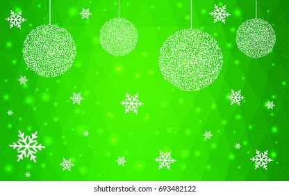 Light Green vector christmas polygon background. Low poly Illustration consisting of triangles with snowflakes. Texture, seamless background of New Year celebration.