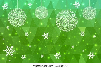 Light Green vector christmas polygon background. Low poly Illustration consisting of triangles with snowflakes. Texture, seamless background of New Year celebration.