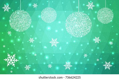 Light Green vector christmas polygon background. Low poly Illustration consisting of triangles with snowflakes. Texture, seamless background of New Year celebration.