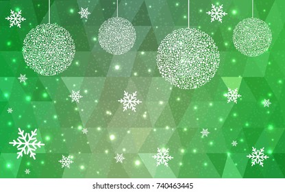 Light Green vector christmas polygon background. Low poly Illustration consisting of triangles with snowflakes. Texture, seamless background of New Year celebration.