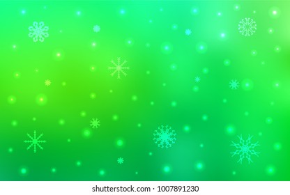 Light Green vector cover with beautiful snowflakes. Snow on blurred abstract background with gradient. The pattern can be used for year new  websites.