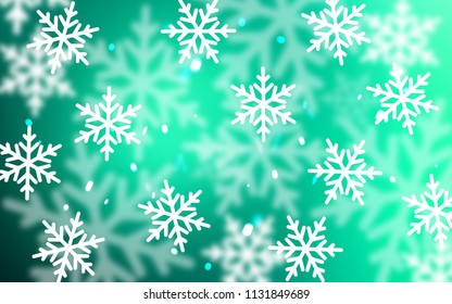 Light Green vector cover with beautiful snowflakes. Decorative shining illustration with snow on abstract template. The pattern can be used for year new  websites.