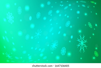Light Green vector cover with beautiful snowflakes. Snow on blurred abstract background with gradient. The template can be used as a new year background.