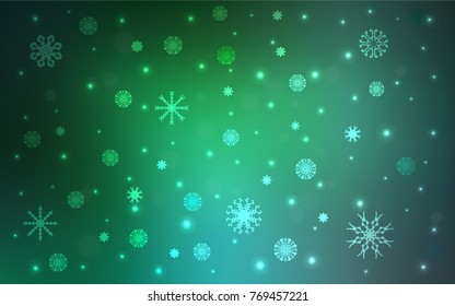 Light Green vector cover with beautiful snowflakes. Shining colored illustration with snow in christmas style. New year design for your business advert.