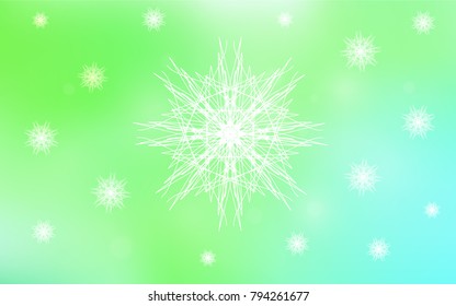 Light Green vector cover with beautiful snowflakes. Snow on blurred abstract background with gradient. The pattern can be used for year new  websites.
