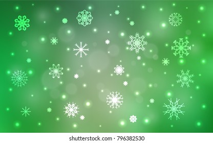 Light Green vector cover with beautiful snowflakes. Blurred decorative design in xmas style with snow. New year design for your ad, poster, banner.