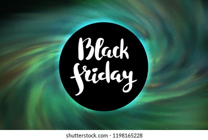 Light Green vector cover with a black hole, nebula. Colorful black hole with shining night sky stars. Backdrop for super sales on Black Friday.