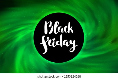 Light Green vector cover with a black hole, nebula. Gradient colorful illustration with a black hole, stars. Backdrop for Black Friday promotions.