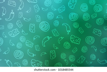 Light Green vector cover with cuisine gourmet. Fast Food on blurred abstract background with colorful gradient. Doodle design for your business advert of cafes.