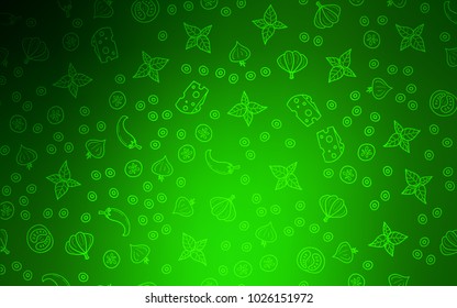 Light Green vector cover with cuisine gourmet. Illustration with set of fresh food in doodle style. Pattern for ad, booklets, leaflets of restaurants.