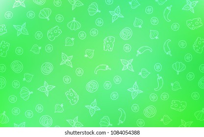 Light Green vector cover with cuisine gourmet. Fast Food on blurred abstract background with colorful gradient. Pattern for ads of breakfast, lunch, dinner.