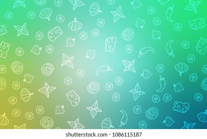 Light Green vector cover with cuisine gourmet. Glitter abstract sketch with gourmet food. Pattern for menu of cafes, bars, restaurants.