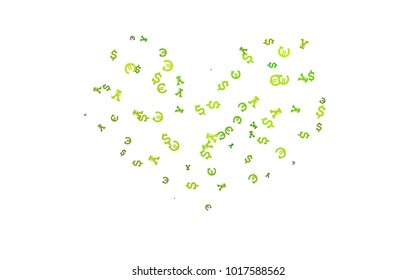 Light Green vector cover with Euro, Dollar, Yen signs. Modern abstract illustration with symbols of money. The pattern can be used for ad, booklets, leaflets of banks.