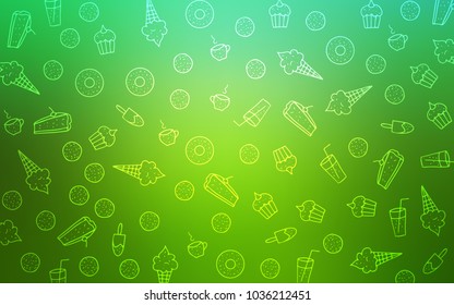 Light Green vector cover with set of confections. Glitter abstract sketch with sweets, candies, desserts. Pattern for ads of breakfast, lunch, dinner.