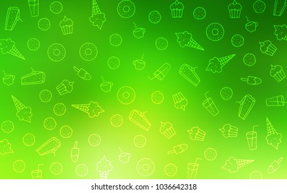 Light Green vector cover with set of confections. Decorative shining illustration with sweets on abstract template. Doodle design for your business advert of cafes.