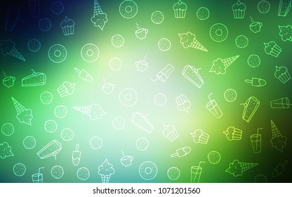 Light Green vector cover with set of confections. Blurred decorative design of desserts in doodle style. Pattern for menu of cafes and restaurants.