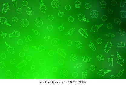 Light Green vector cover with set of confections. Illustration with set of sweet food in doodle style. Pattern for ad, booklets, leaflets of restaurants.