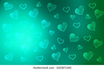 Light Green vector cover with Shining hearts. Glitter abstract illustration with colorful hearts in romantic style. Pattern for marriage gifts, congratulations.