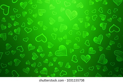 Light Green vector cover with Shining hearts. Glitter abstract illustration with colorful hearts in romantic style. Pattern for carnival, festival romantic leaflets.
