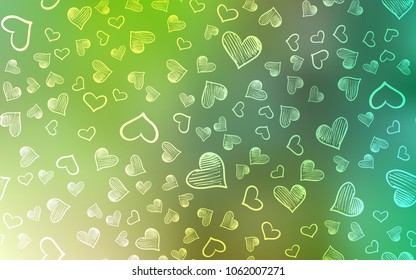 Light Green vector cover with Shining hearts. Hearts on blurred abstract background with colorful gradient. Pattern can be used for valentine's ad, booklets.