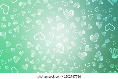 Light Green vector cover with Shining hearts. Blurred decorative design in doodle style with hearts. Pattern for carnival, festival romantic leaflets.