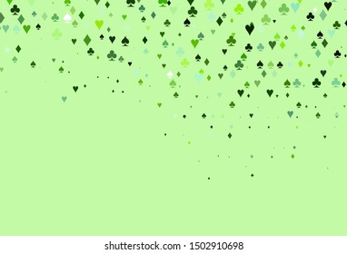 Light Green vector cover with symbols of gamble. Shining illustration with hearts, spades, clubs, diamonds. Pattern for ads of parties, events in Vegas.